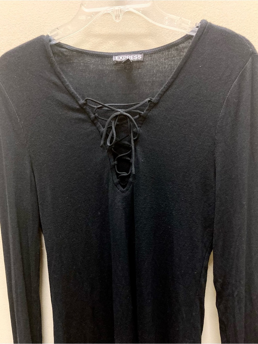 Express Soft Black Lace-Up V-Neck Long Sleeve Top